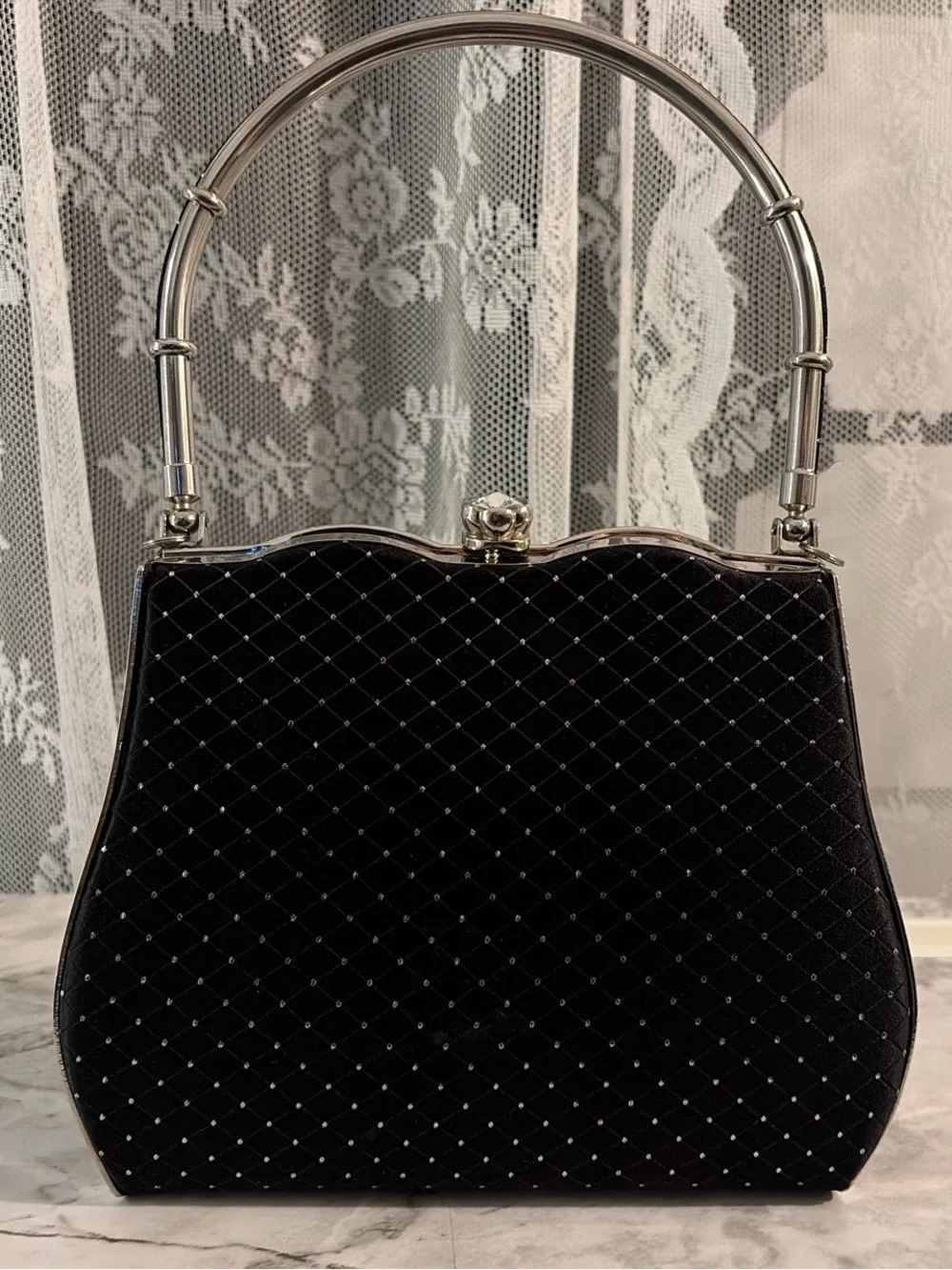 Black Satin Evening Clutch Bag with Silver Accents